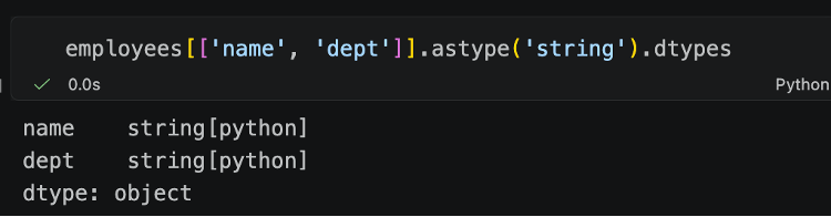 Python code converting object columns to the pandas string dtype