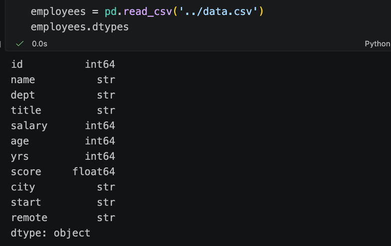Python code reading in a DataFrame and showing dtypes are read as string by default