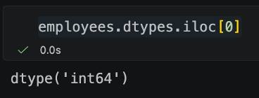 Python code showing the dtype of the output of df.dtypes is a dtype