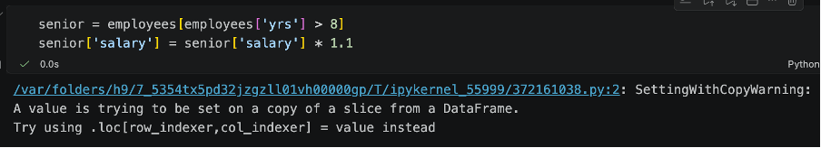 Python code taking a slice of a pandas DataFrame and then editing the slice showing a warning
