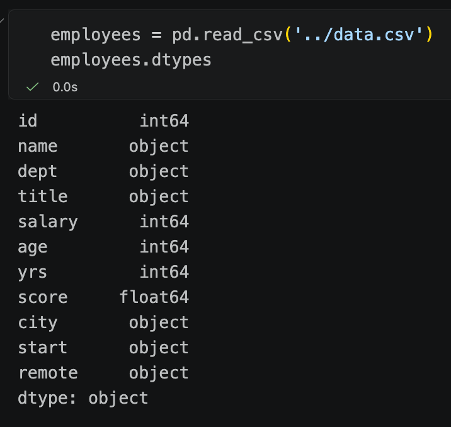 python code and output showing a dataframe and its columns with int64, float64 and object dtypes
